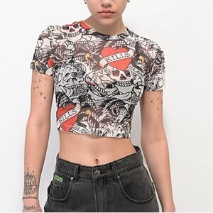 ED HARDY Mesh Top XL Tattoo Sheer Cropped Y2K Skater Goth‎ Whimsigoth Stretch